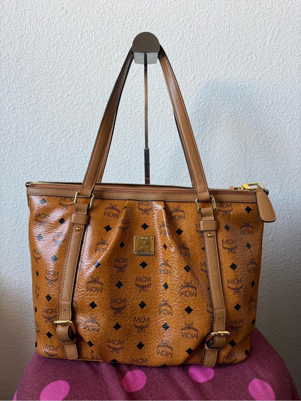 Authentic MCM Cognac Visetos Shopper Tote Bag 2-Way Crossbody Shoulder Bag Large